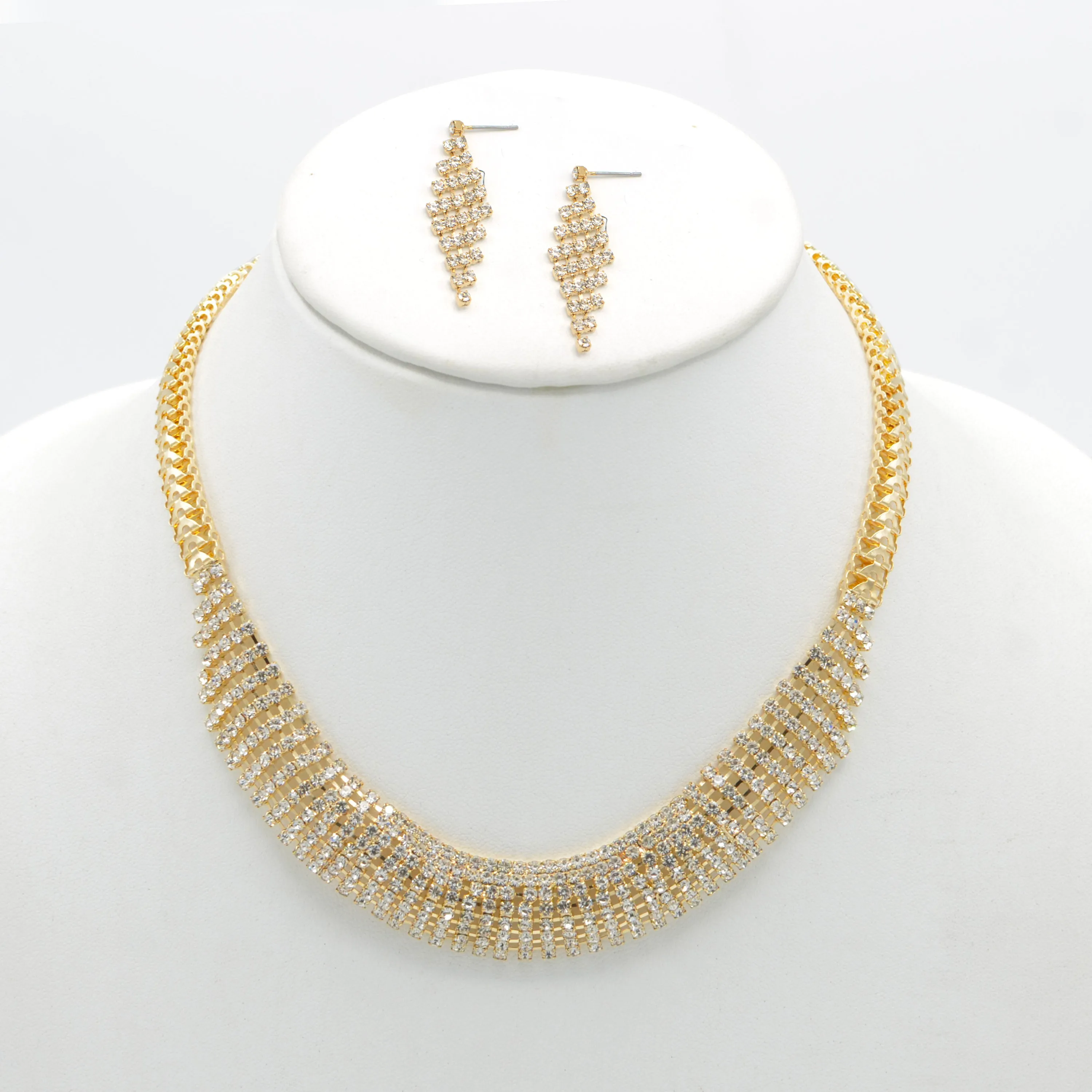 Gold Curved Rhinestone Wire Wrap Choker Necklace and Earring Set#FW1293S-A-G(NA15)