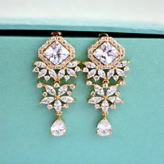 Gold Princess Cut Flower Cubic Zirconia Crystal Earrings. Chandelier Wedding Earrings. Wedding Jewelry. Bridesmaid Earrings. Bridesmaid Gift