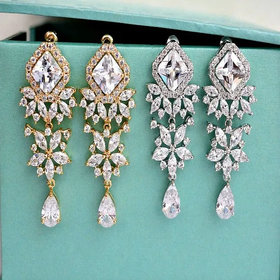 Gold Princess Cut Flower Cubic Zirconia Crystal Earrings. Chandelier Wedding Earrings. Wedding Jewelry. Bridesmaid Earrings. Bridesmaid Gift