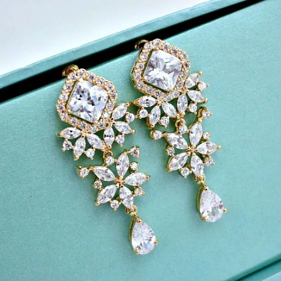 Gold Princess Cut Flower Cubic Zirconia Crystal Earrings. Chandelier Wedding Earrings. Wedding Jewelry. Bridesmaid Earrings. Bridesmaid Gift