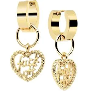 Gold Tone Stainless Steel Hinged Huggie Hoop Heart F*ck Off Dangle Earrings