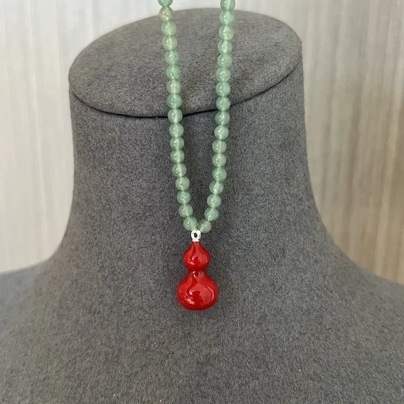 Green Aventurine and Red Enamel Gourd Pendant Necklace