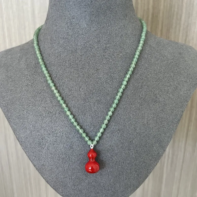 Green Aventurine and Red Enamel Gourd Pendant Necklace