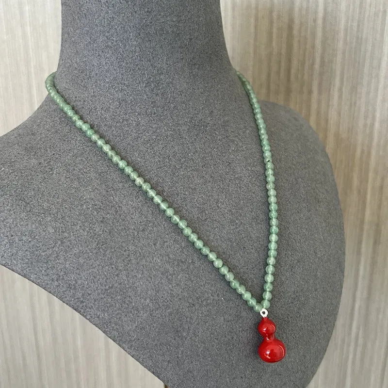 Green Aventurine and Red Enamel Gourd Pendant Necklace