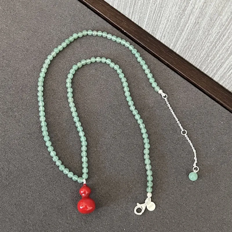 Green Aventurine and Red Enamel Gourd Pendant Necklace