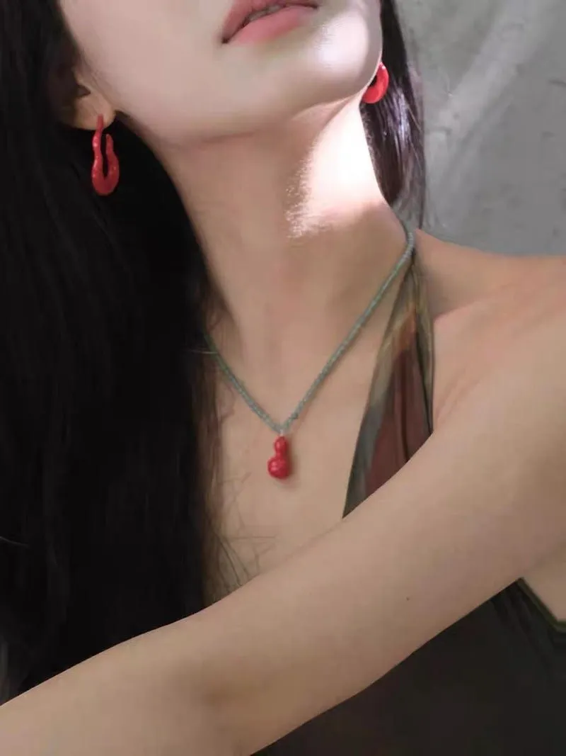 Green Aventurine and Red Enamel Gourd Pendant Necklace