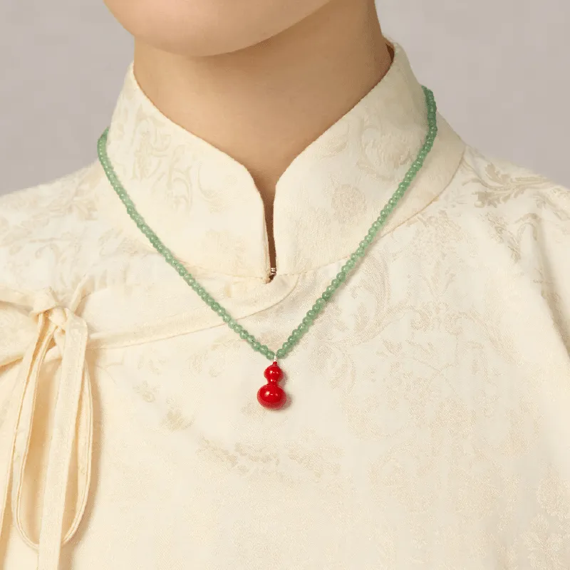 Green Aventurine and Red Enamel Gourd Pendant Necklace