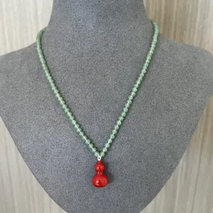 Green Aventurine and Red Enamel Gourd Pendant Necklace