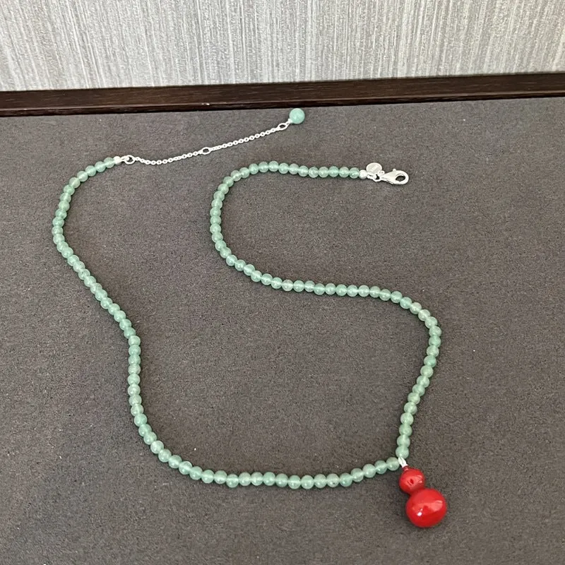 Green Aventurine and Red Enamel Gourd Pendant Necklace