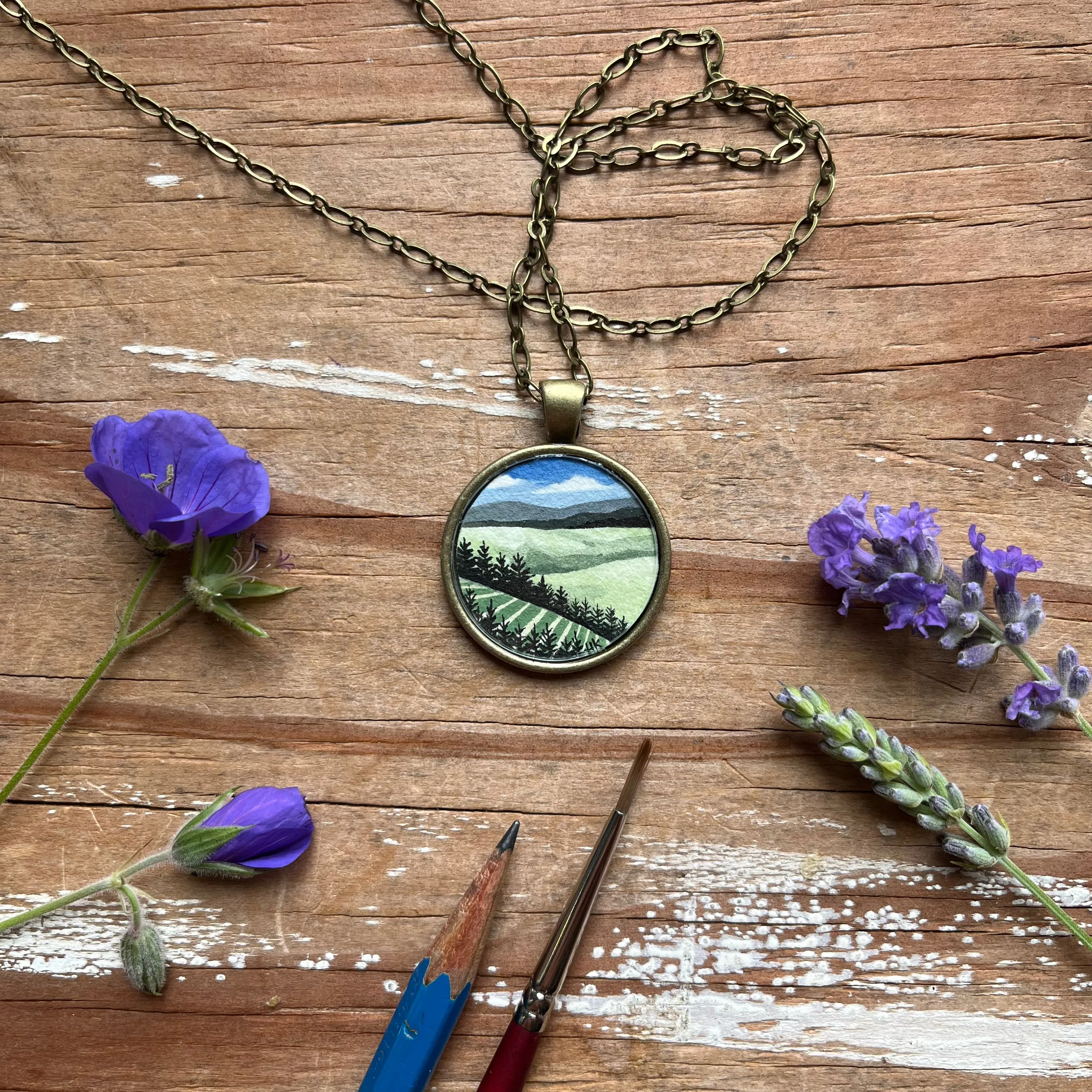 Green Vineyard View - Wine Country Landscape Art, Hand Painted Necklace, Original Watercolor Painting