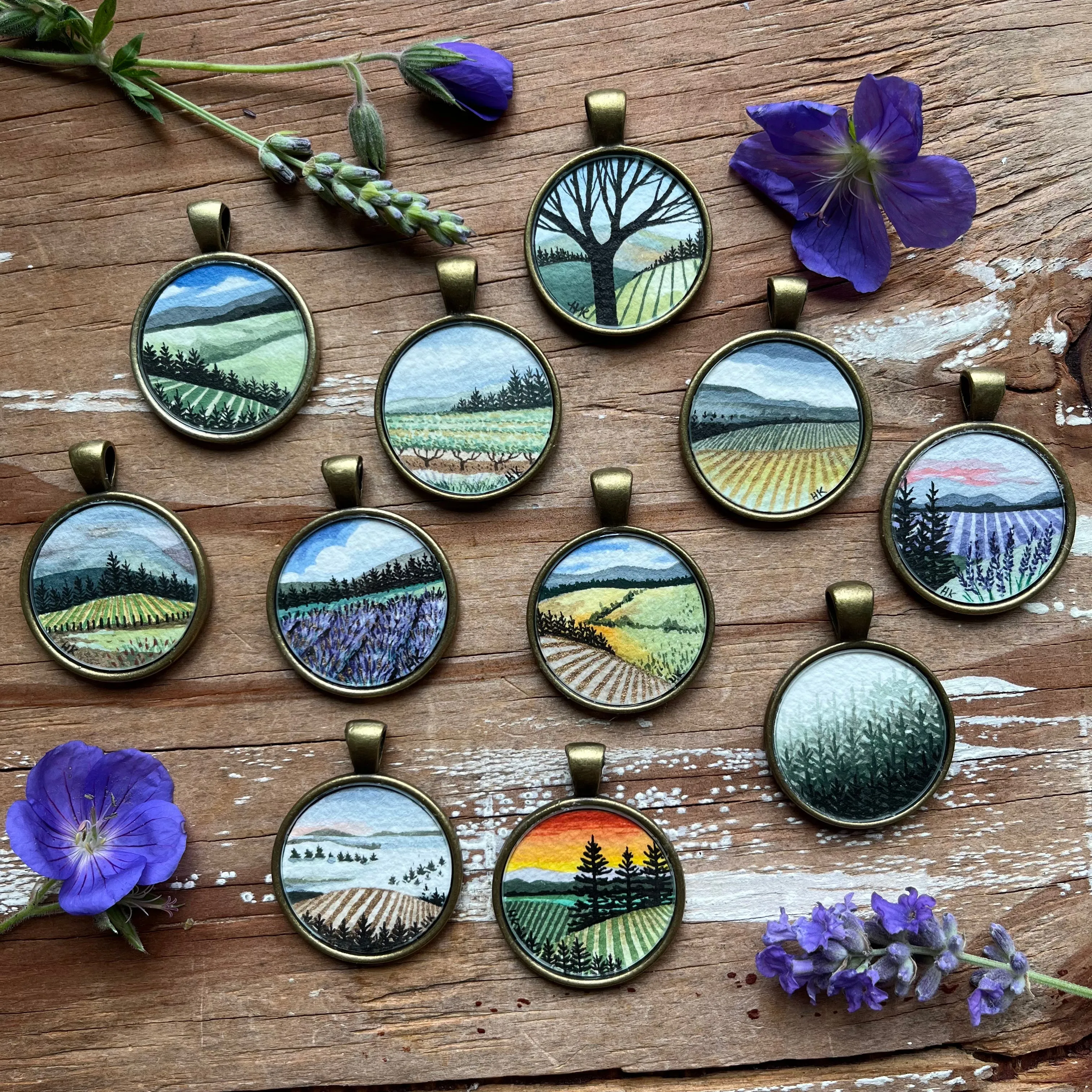 Green Vineyard View - Wine Country Landscape Art, Hand Painted Necklace, Original Watercolor Painting