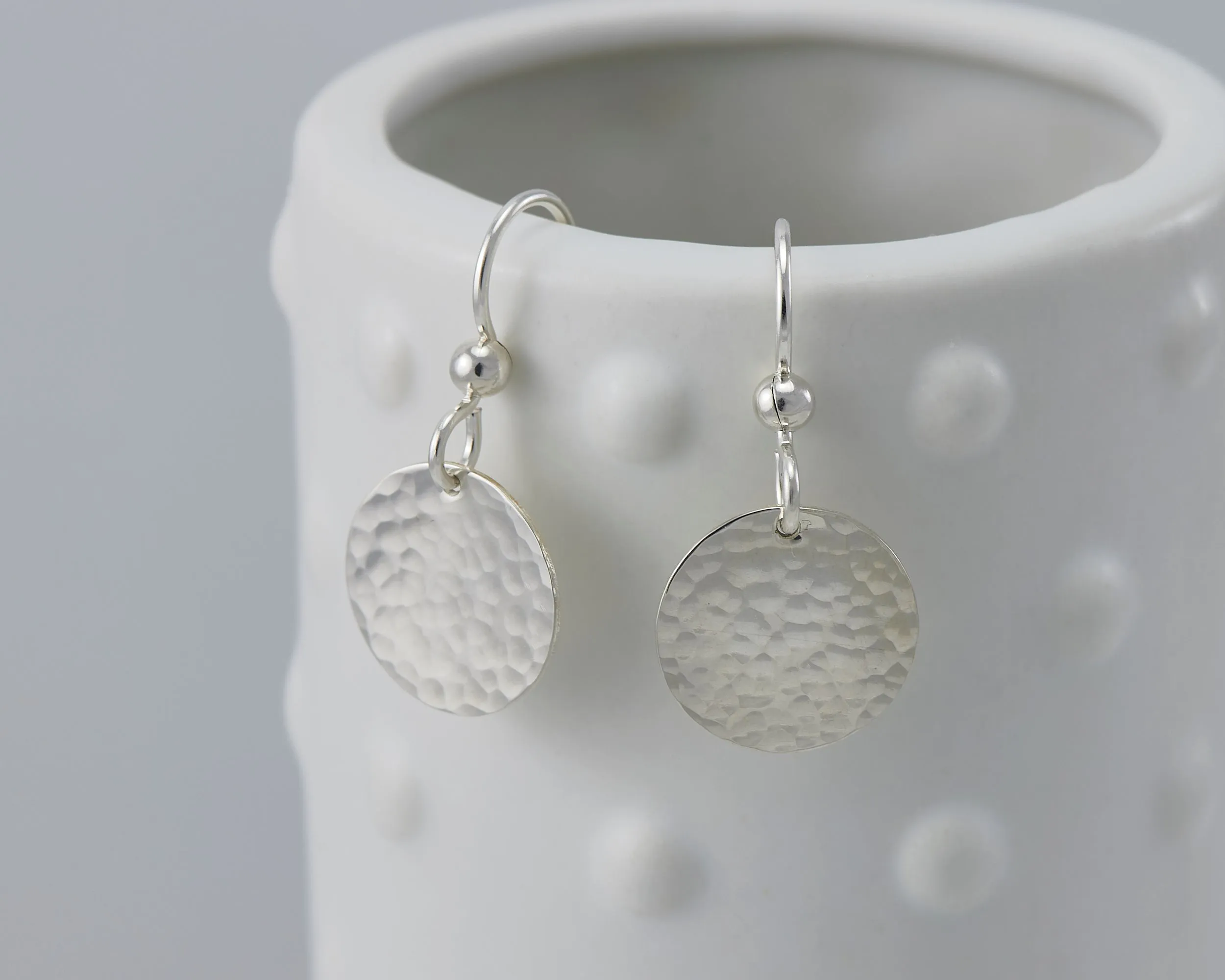 Hammered Disc Silver Dangle Earrings
