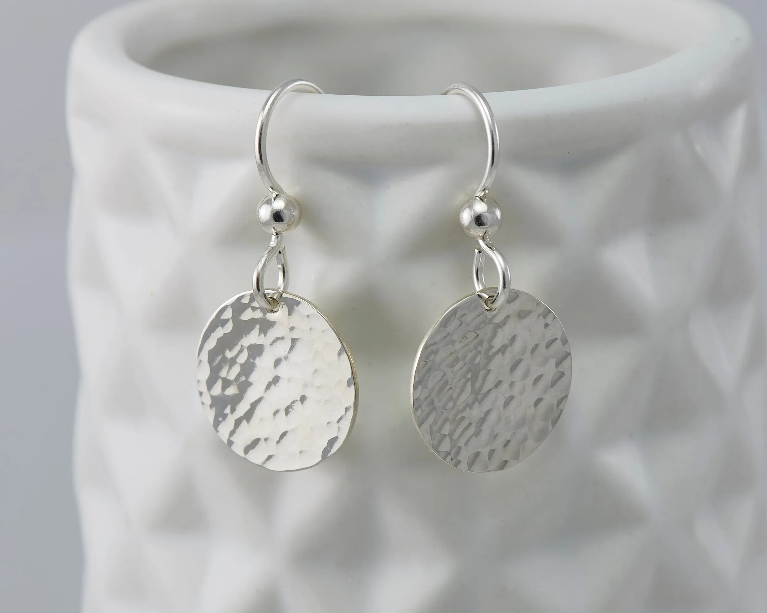 Hammered Disc Silver Dangle Earrings