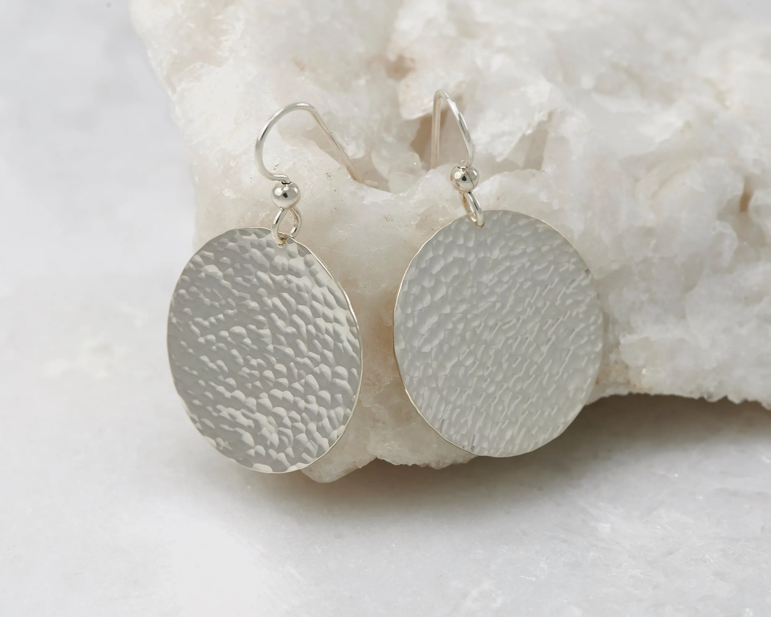 Hammered Large Disc Silver Dangle Earrings