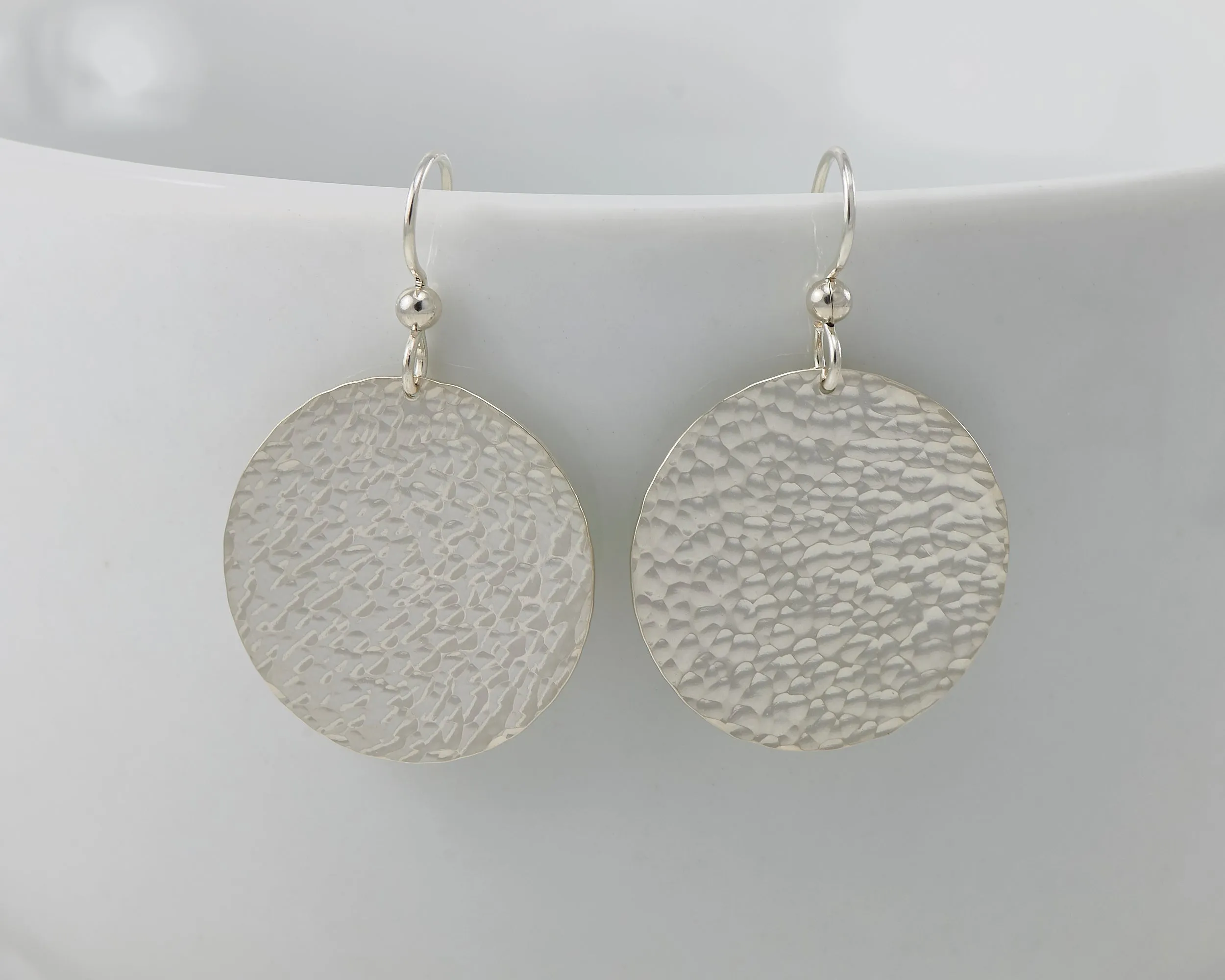 Hammered Large Disc Silver Dangle Earrings