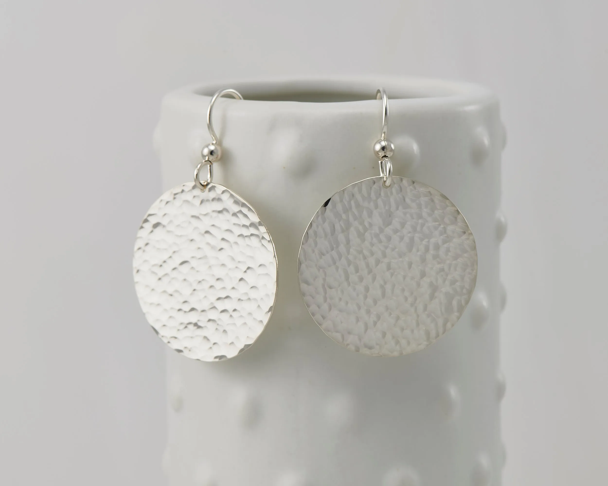 Hammered Large Disc Silver Dangle Earrings