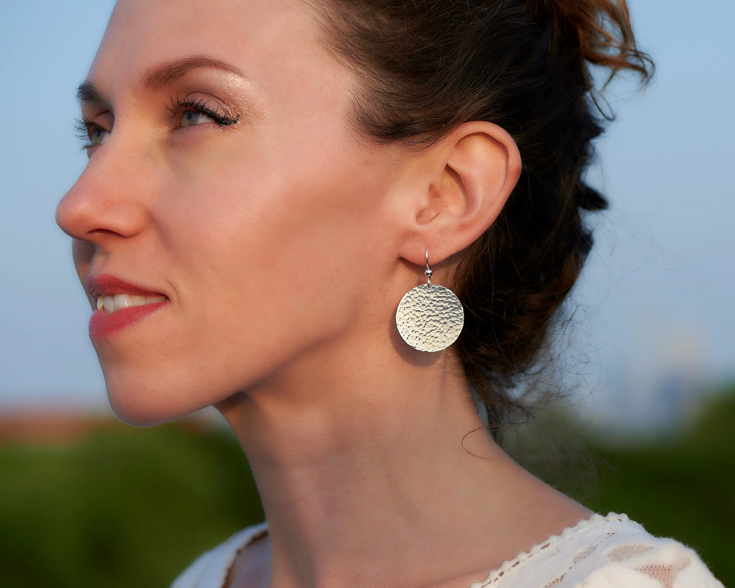 Hammered Large Disc Silver Dangle Earrings