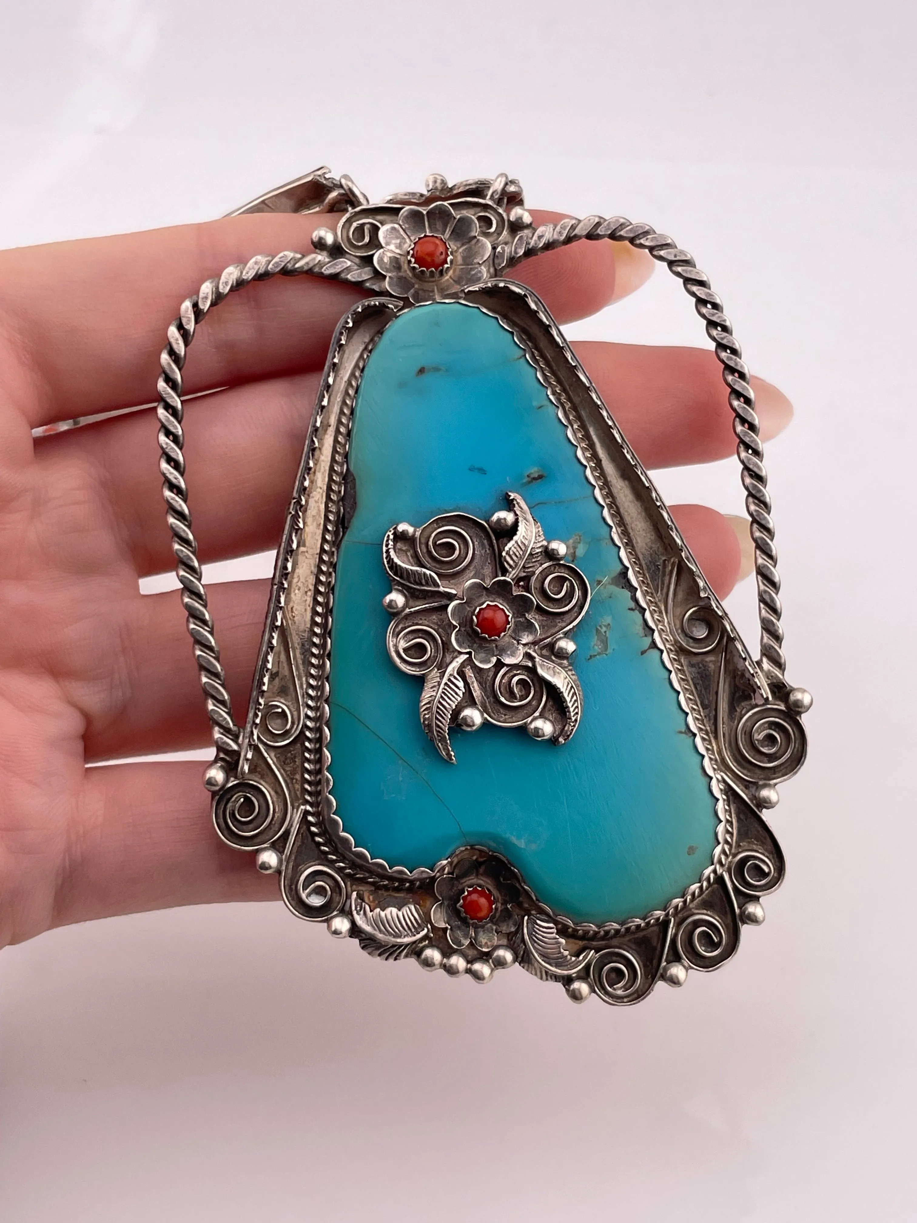 HUGE sterling silver turquoise & coral statement necklace