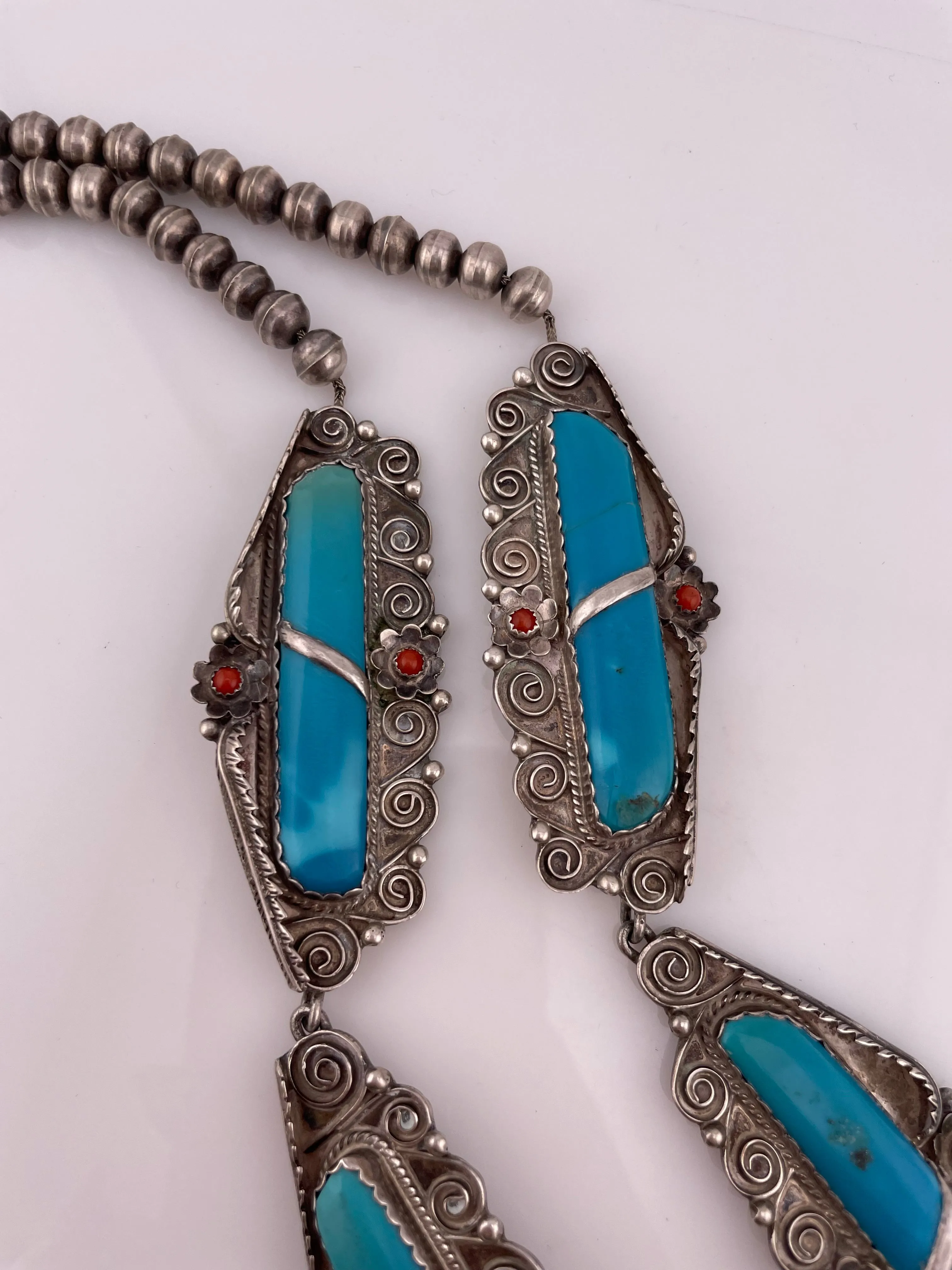HUGE sterling silver turquoise & coral statement necklace