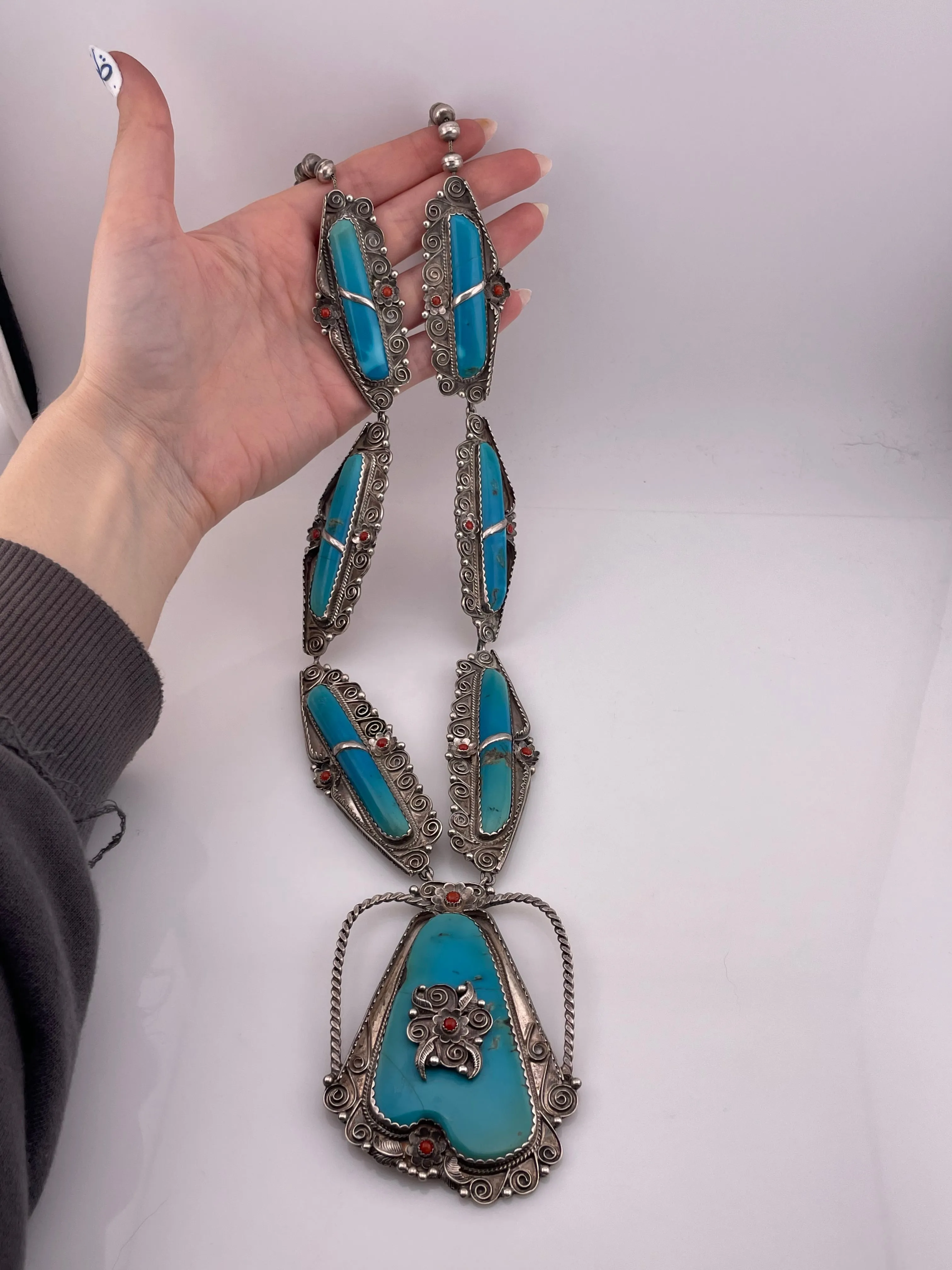 HUGE sterling silver turquoise & coral statement necklace
