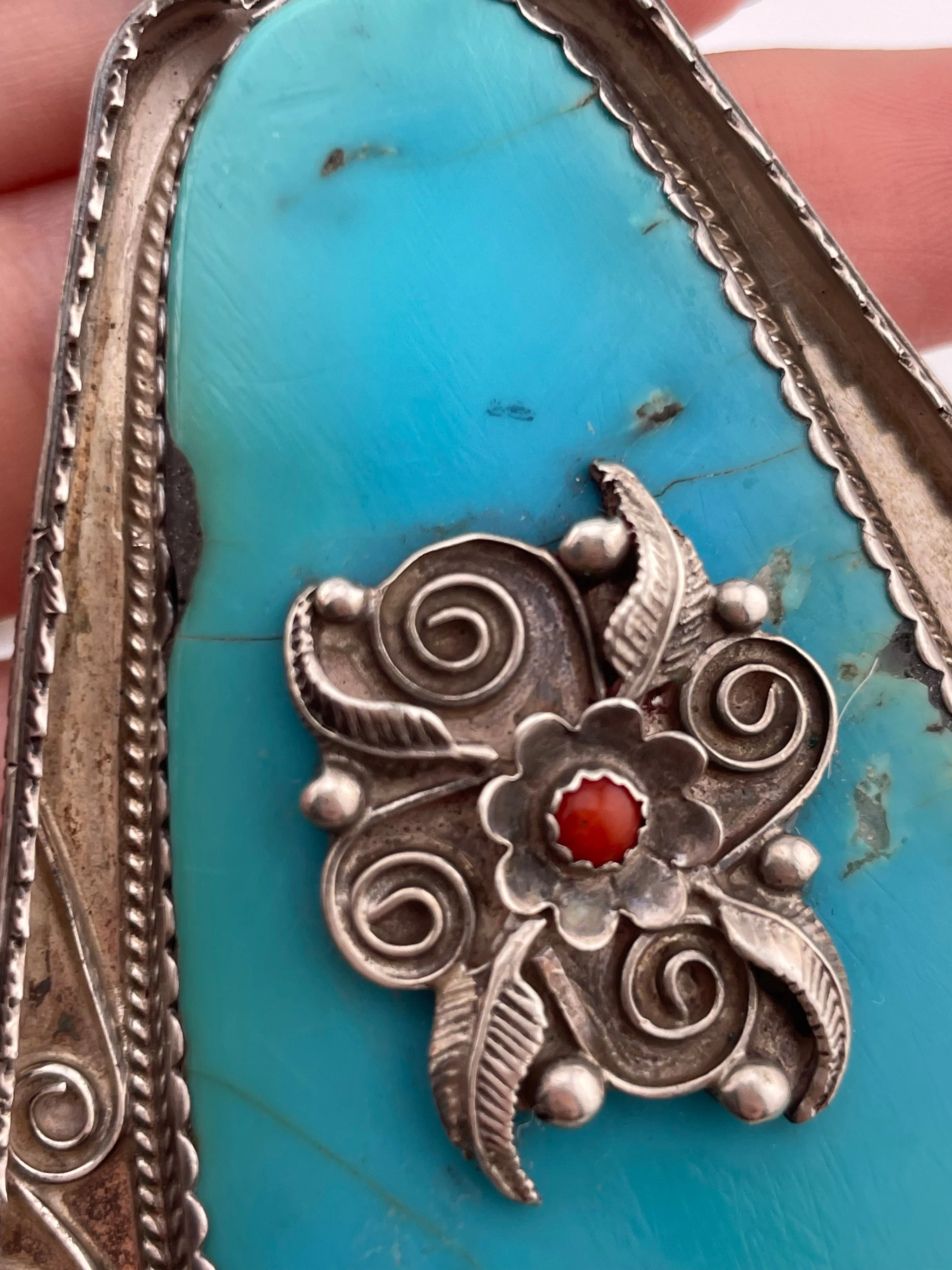 HUGE sterling silver turquoise & coral statement necklace