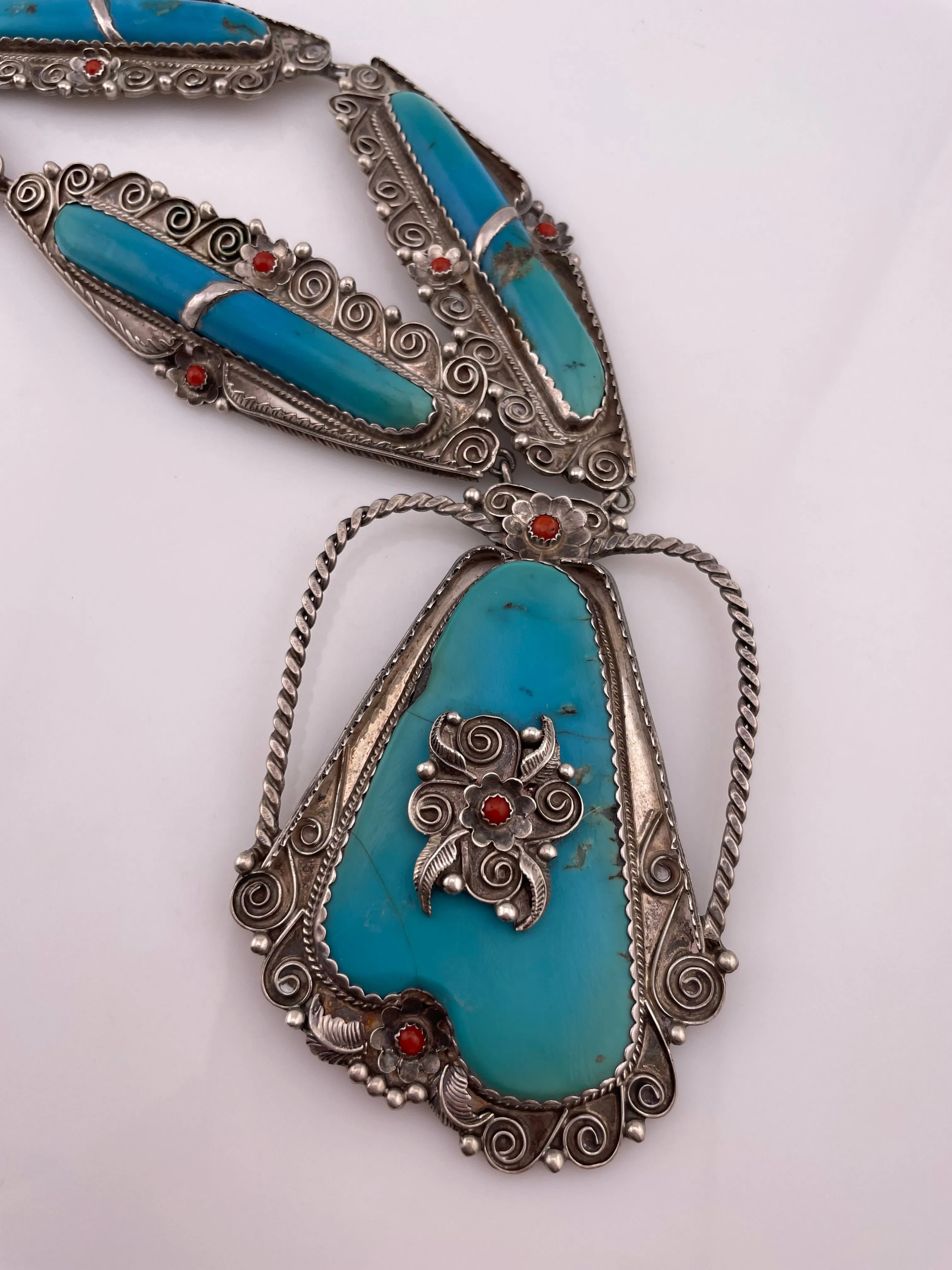 HUGE sterling silver turquoise & coral statement necklace