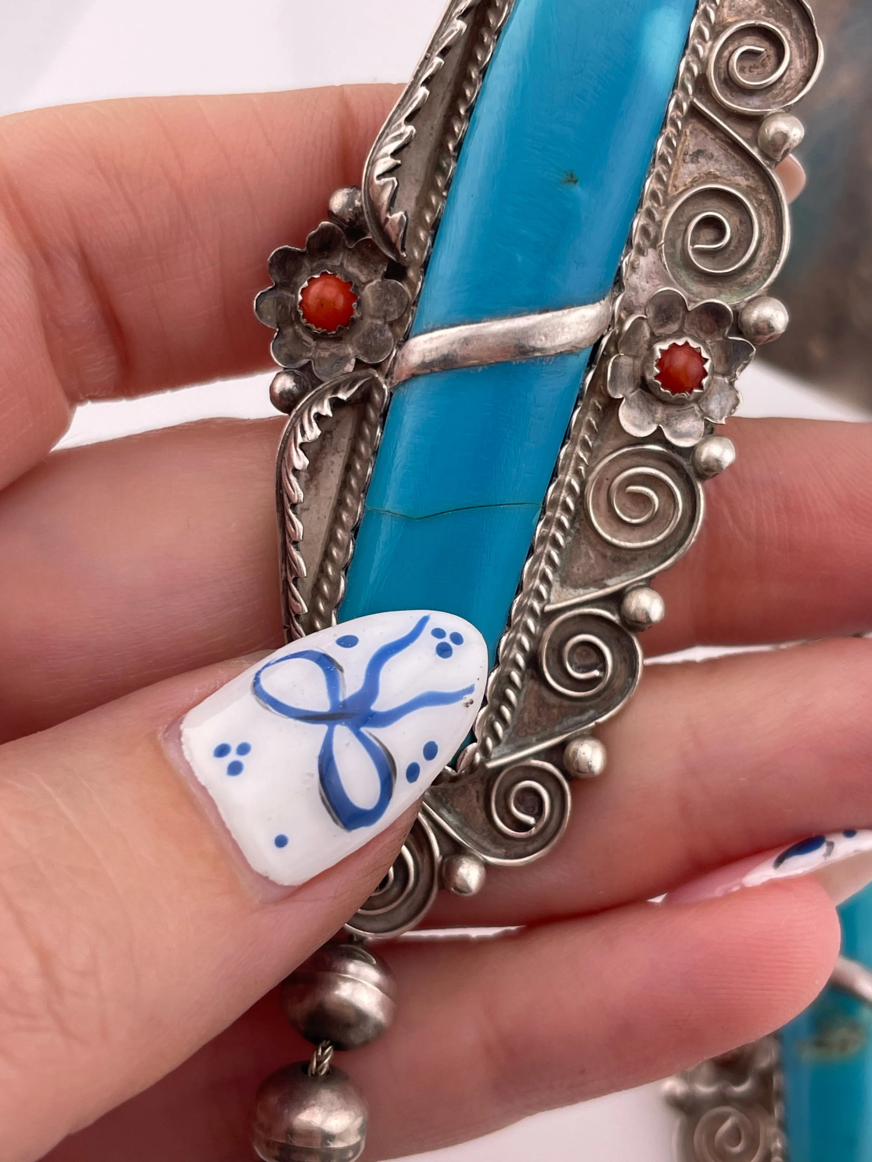 HUGE sterling silver turquoise & coral statement necklace