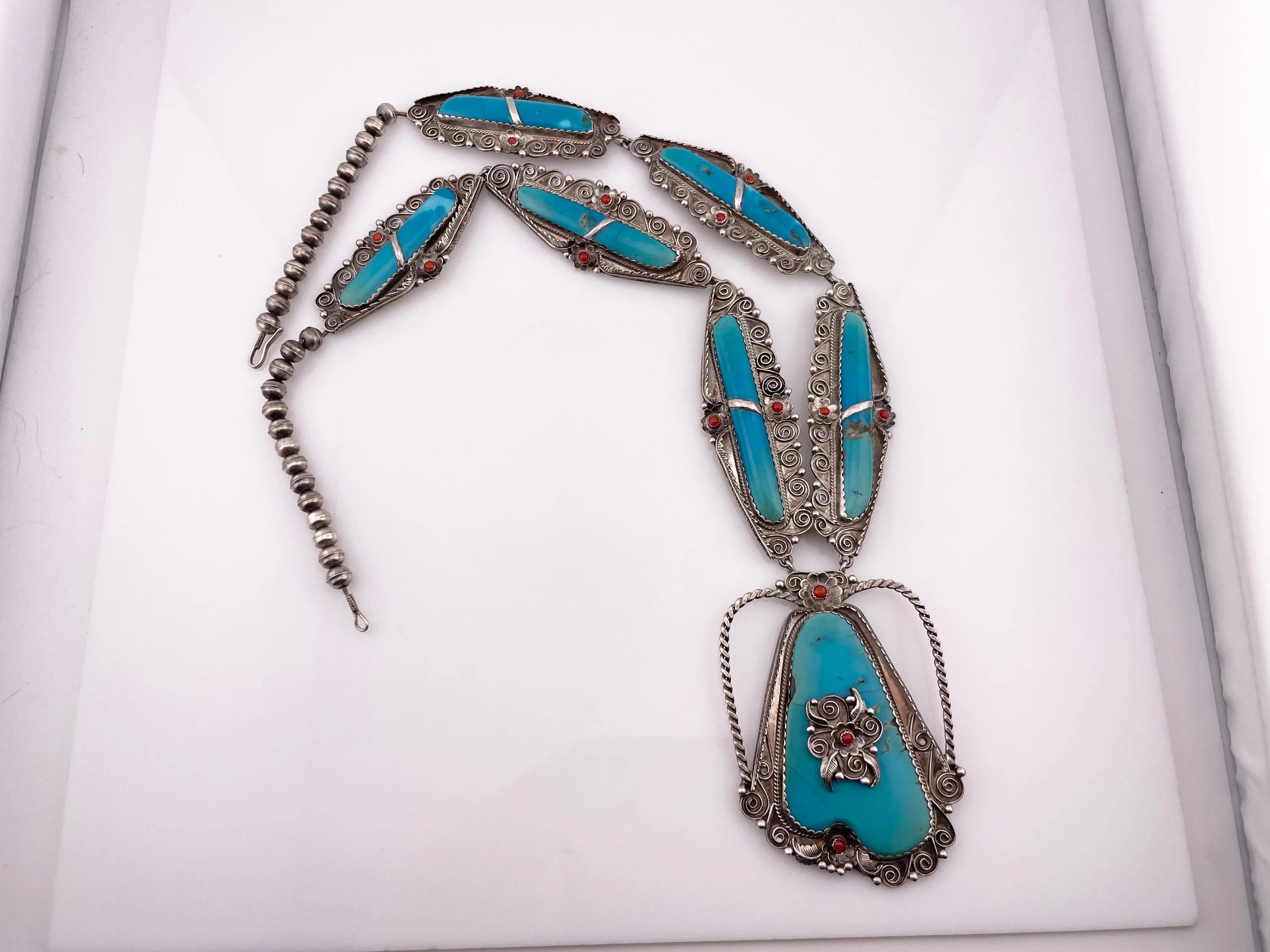 HUGE sterling silver turquoise & coral statement necklace