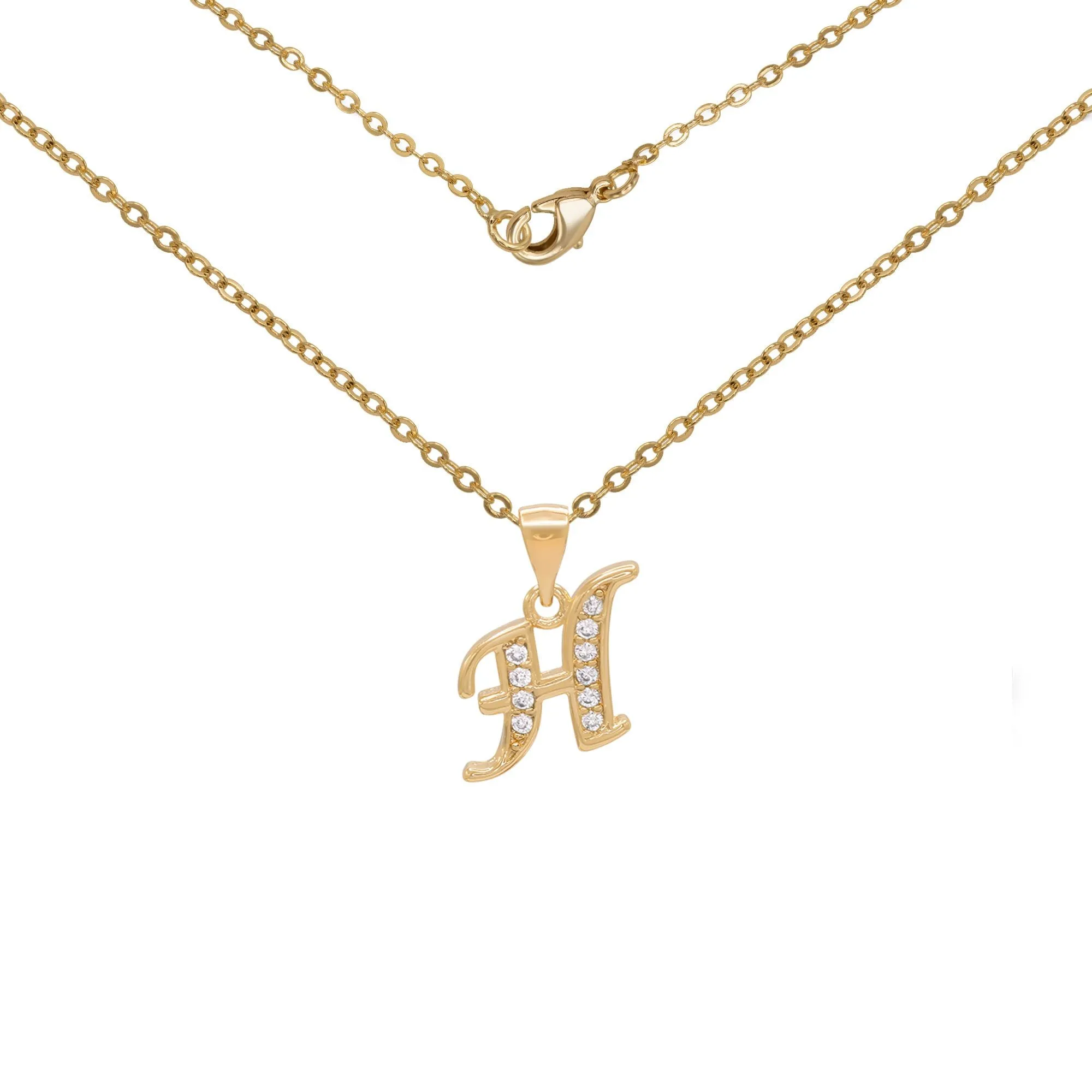 Initial Letter Pendant With Cubic Zirconia 18K Gold Filled Alphabet CZ Charm Rolo Chain Set 18" Necklace Women Girl Teen