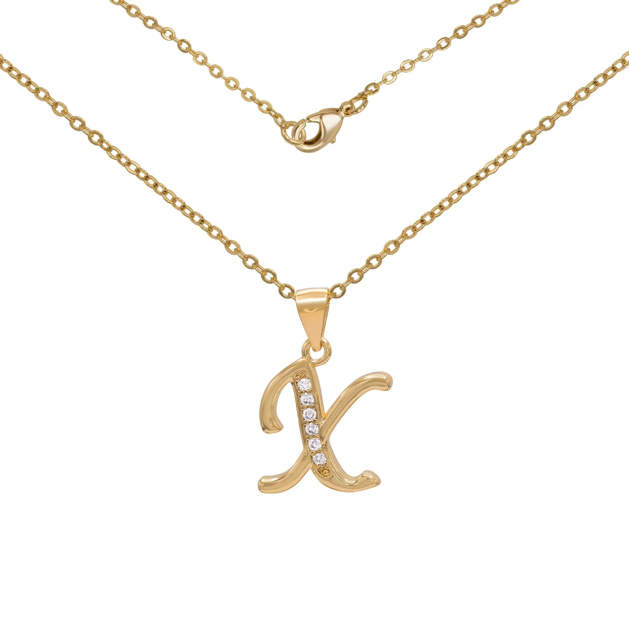 Initial Letter Pendant With Cubic Zirconia 18K Gold Filled Alphabet CZ Charm Rolo Chain Set 18" Necklace Women Girl Teen