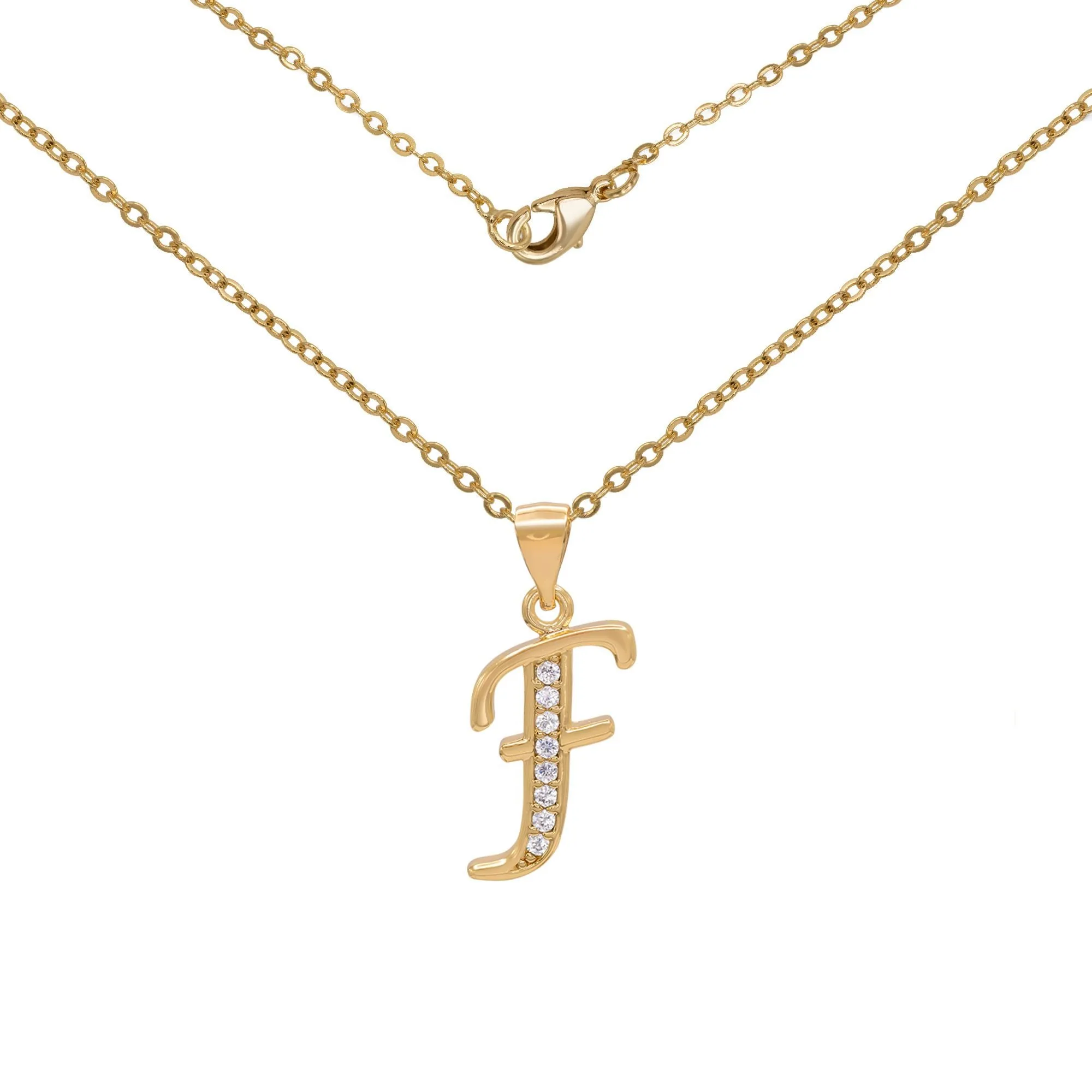Initial Letter Pendant With Cubic Zirconia 18K Gold Filled Alphabet CZ Charm Rolo Chain Set 18" Necklace Women Girl Teen