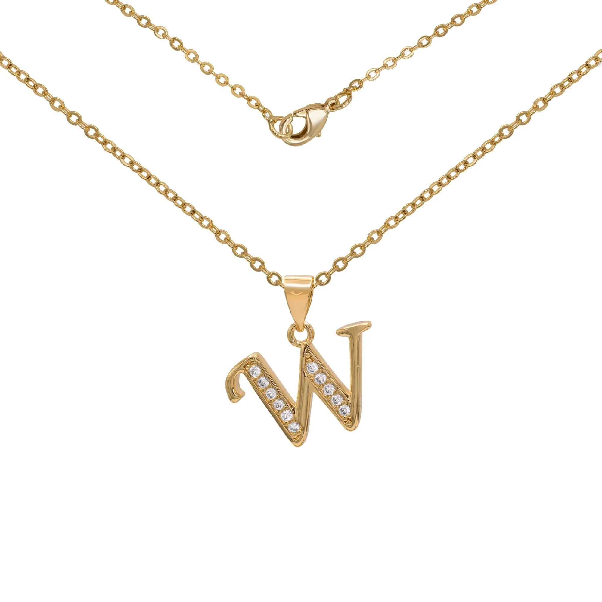 Initial Letter Pendant With Cubic Zirconia 18K Gold Filled Alphabet CZ Charm Rolo Chain Set 18" Necklace Women Girl Teen