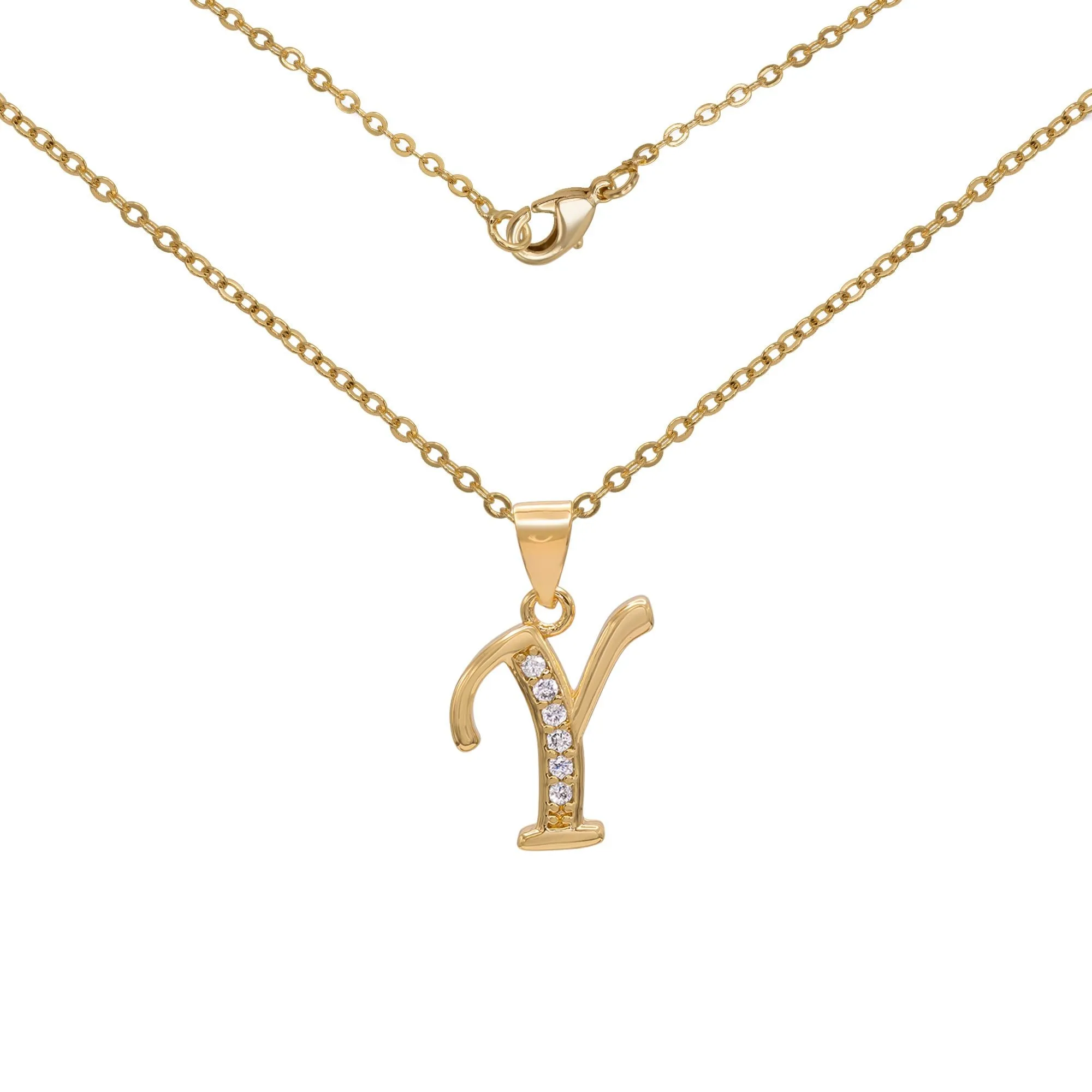 Initial Letter Pendant With Cubic Zirconia 18K Gold Filled Alphabet CZ Charm Rolo Chain Set 18" Necklace Women Girl Teen