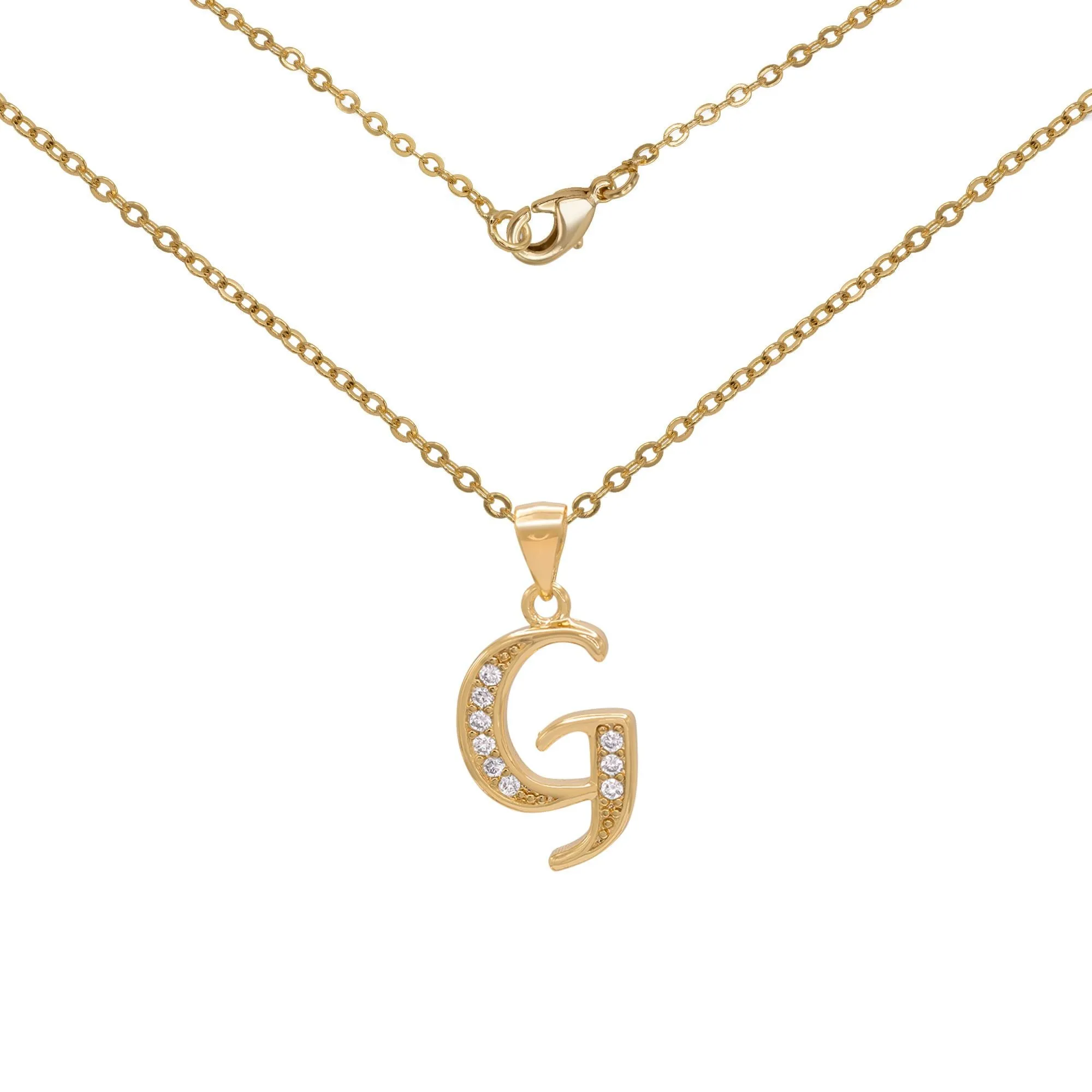 Initial Letter Pendant With Cubic Zirconia 18K Gold Filled Alphabet CZ Charm Rolo Chain Set 18" Necklace Women Girl Teen