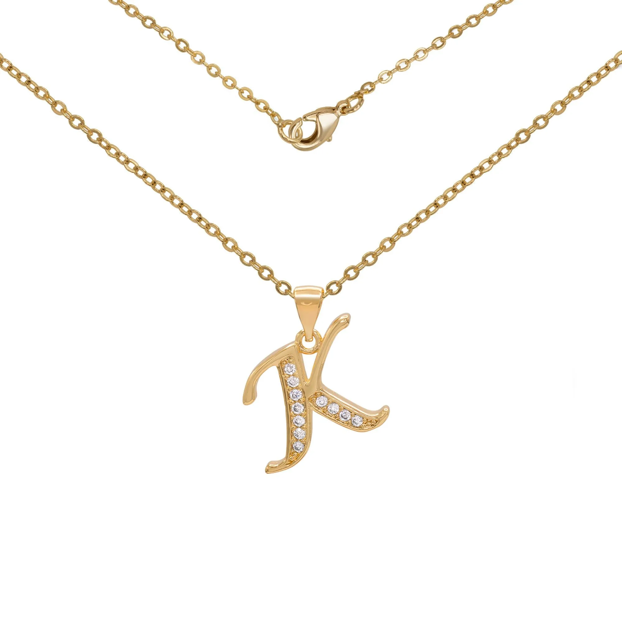Initial Letter Pendant With Cubic Zirconia 18K Gold Filled Alphabet CZ Charm Rolo Chain Set 18" Necklace Women Girl Teen