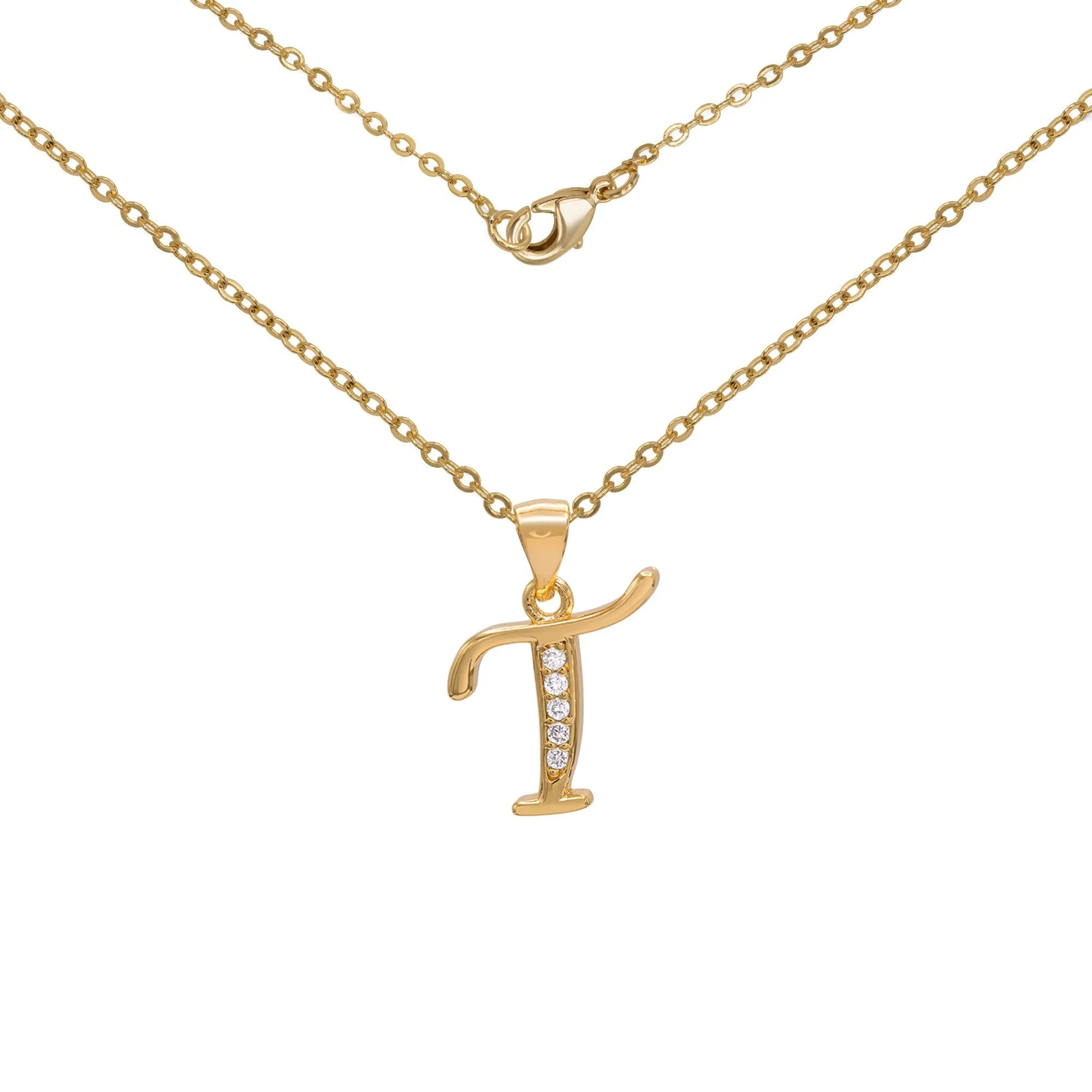 Initial Letter Pendant With Cubic Zirconia 18K Gold Filled Alphabet CZ Charm Rolo Chain Set 18" Necklace Women Girl Teen