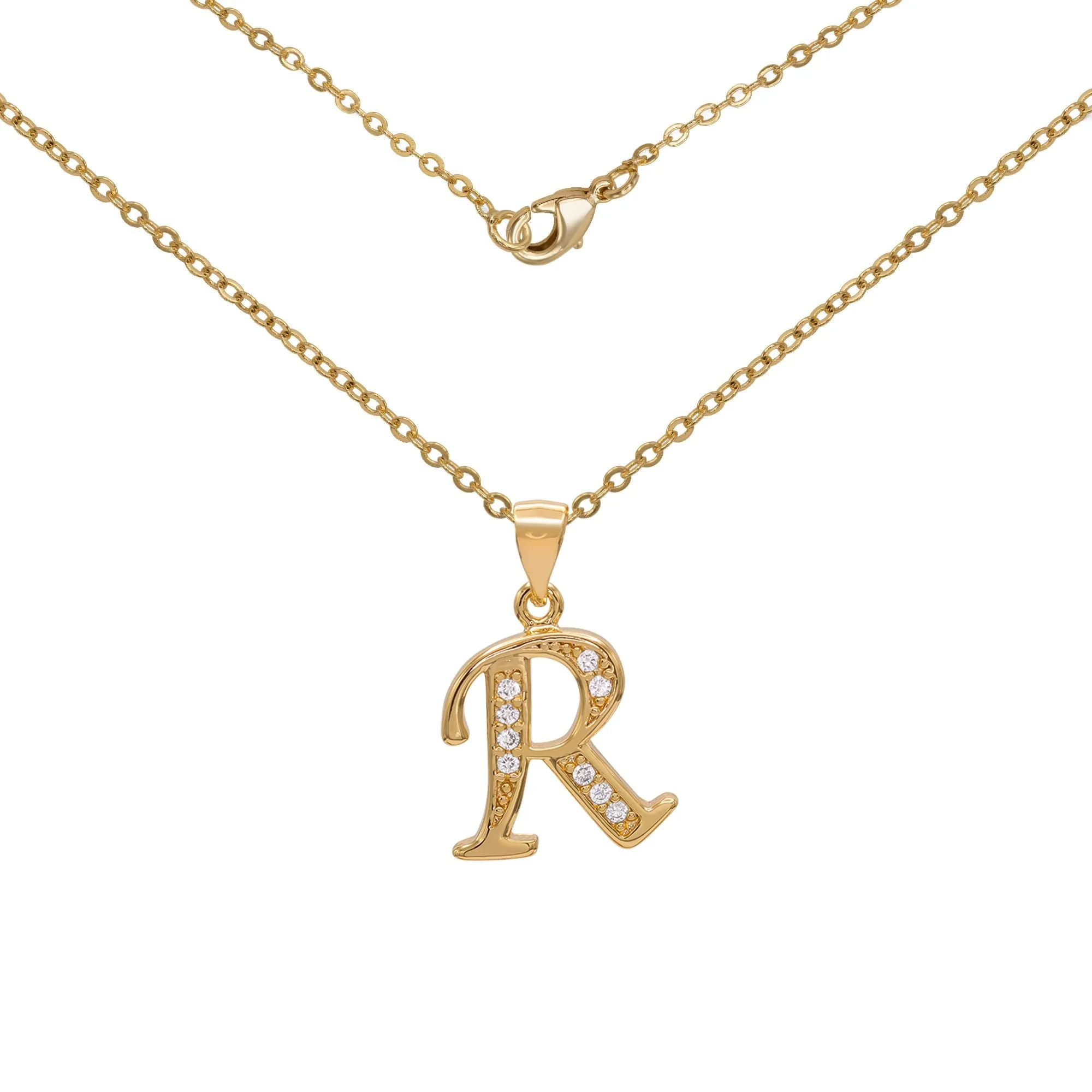 Initial Letter Pendant With Cubic Zirconia 18K Gold Filled Alphabet CZ Charm Rolo Chain Set 18" Necklace Women Girl Teen