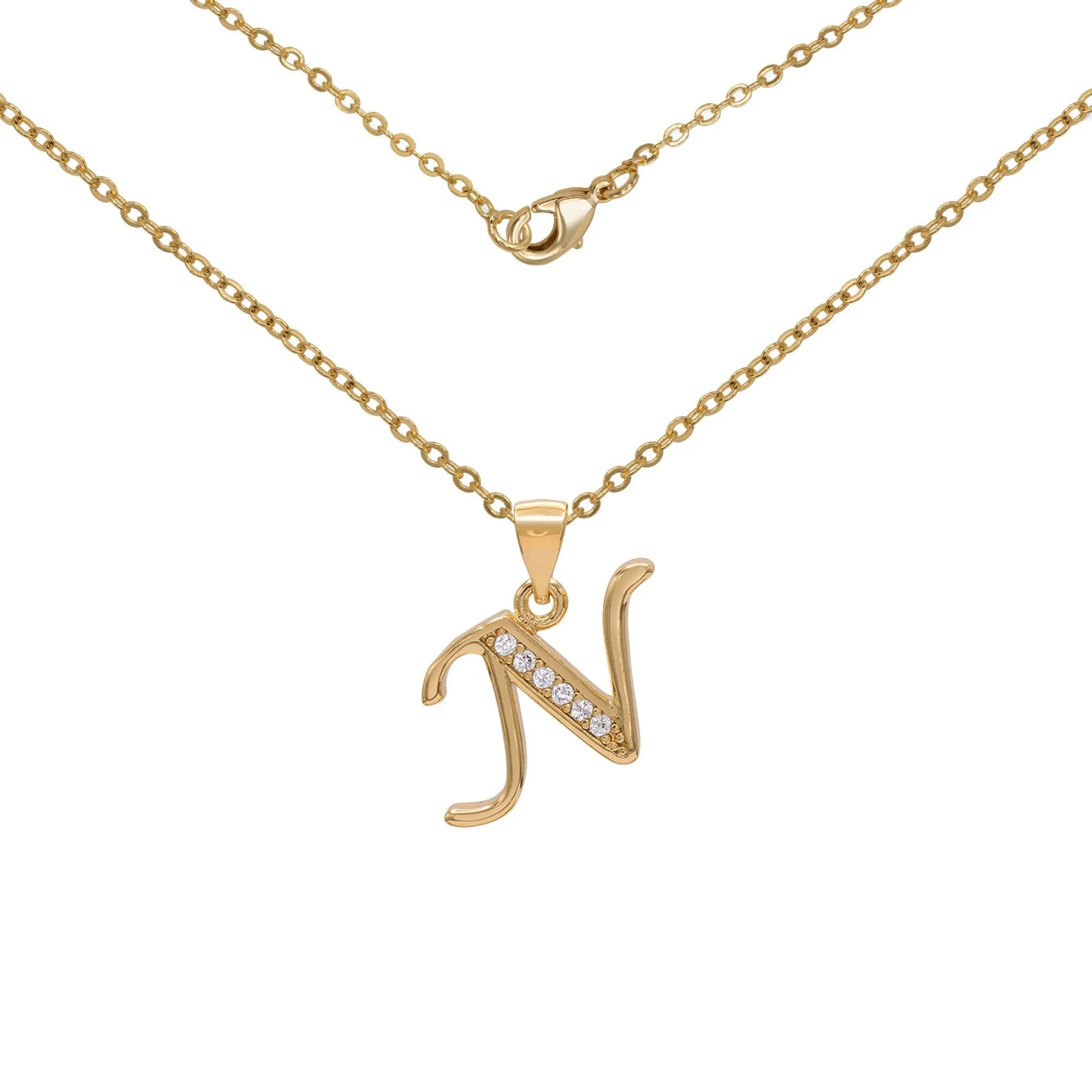 Initial Letter Pendant With Cubic Zirconia 18K Gold Filled Alphabet CZ Charm Rolo Chain Set 18" Necklace Women Girl Teen