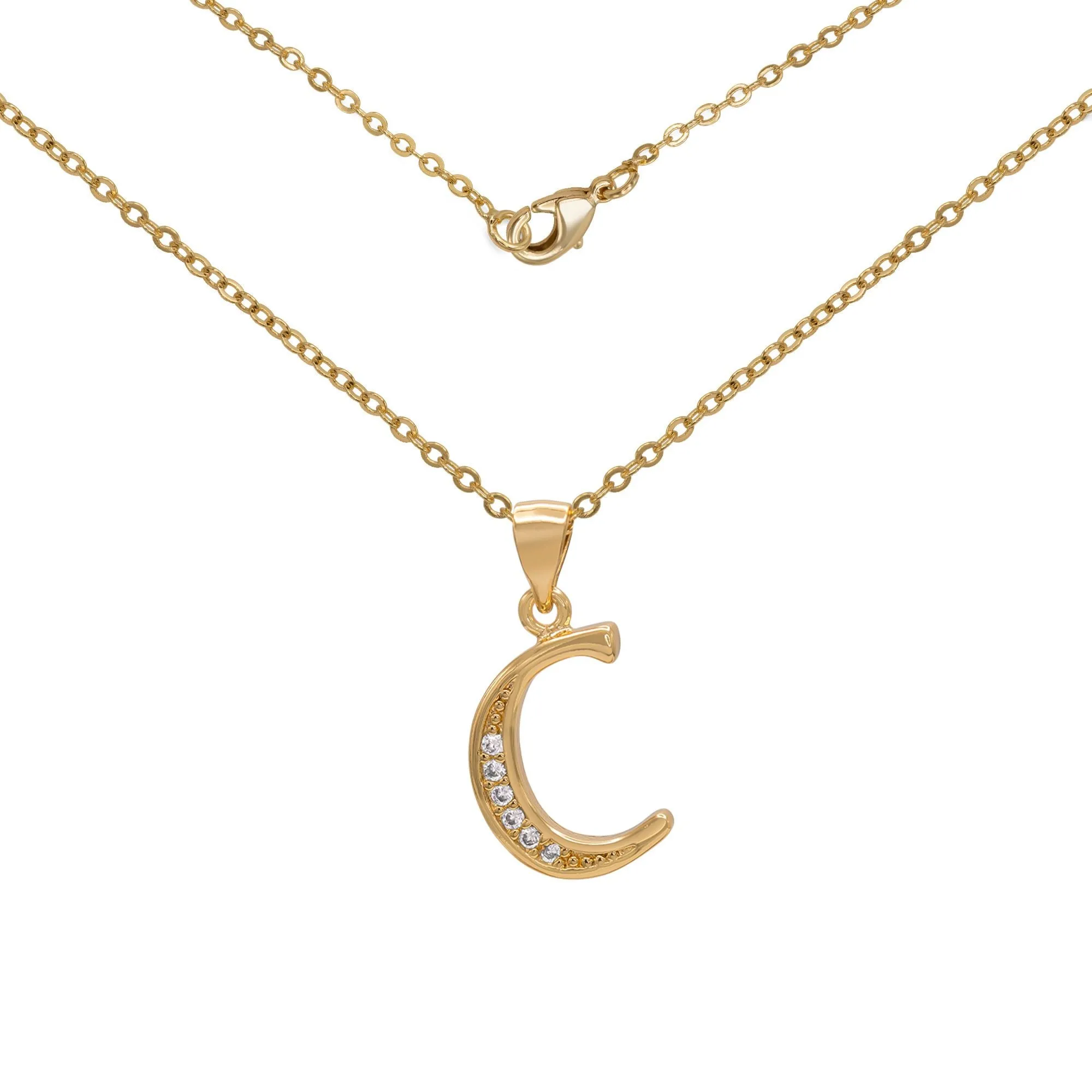 Initial Letter Pendant With Cubic Zirconia 18K Gold Filled Alphabet CZ Charm Rolo Chain Set 18" Necklace Women Girl Teen