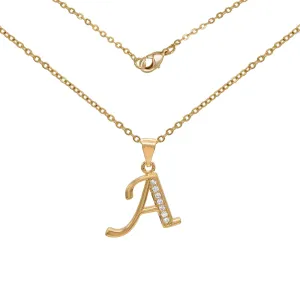 Initial Letter Pendant With Cubic Zirconia 18K Gold Filled Alphabet CZ Charm Rolo Chain Set 18" Necklace Women Girl Teen
