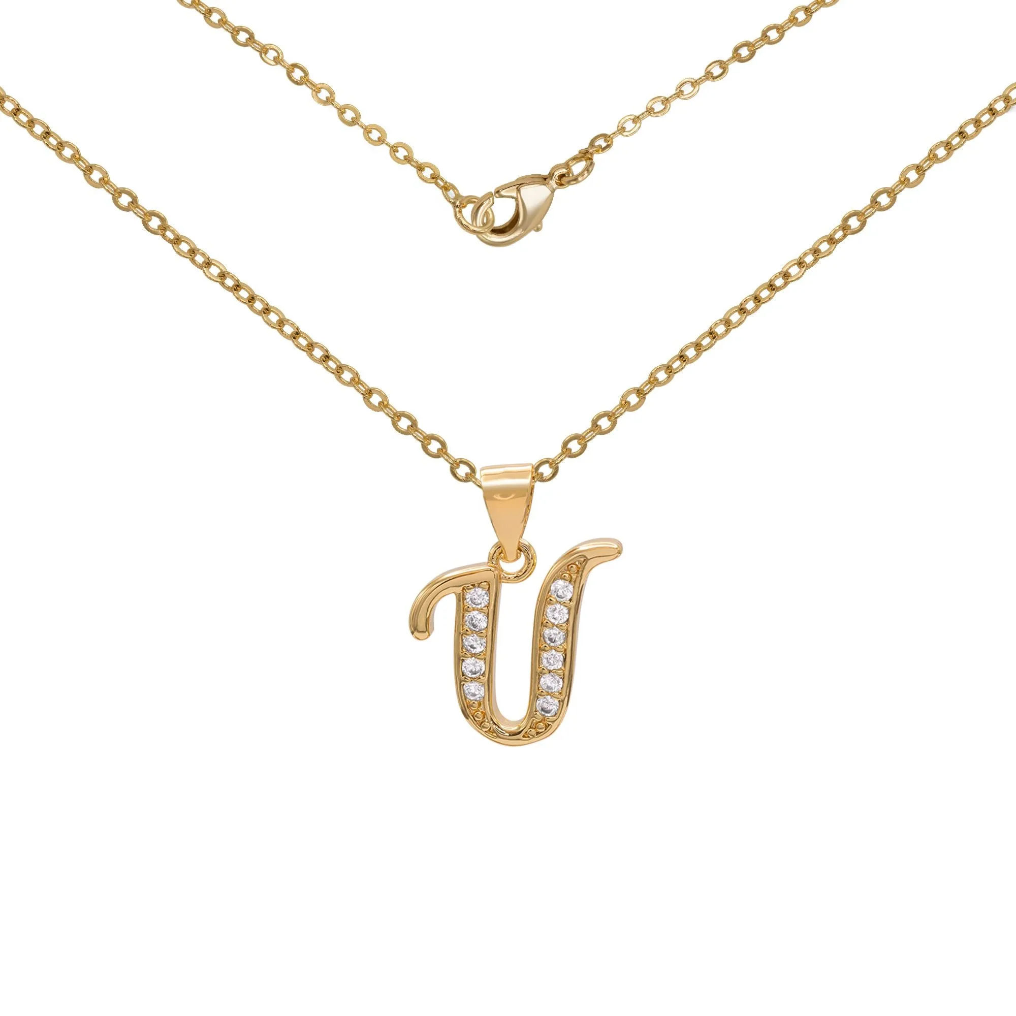 Initial Letter Pendant With Cubic Zirconia 18K Gold Filled Alphabet CZ Charm Rolo Chain Set 18" Necklace Women Girl Teen