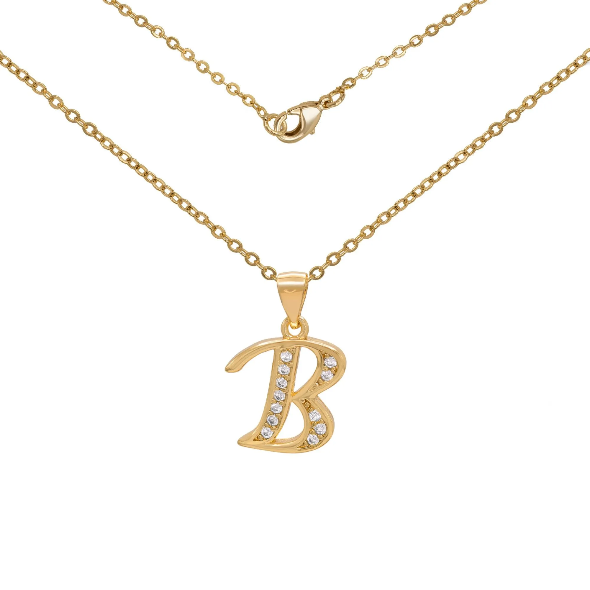 Initial Letter Pendant With Cubic Zirconia 18K Gold Filled Alphabet CZ Charm Rolo Chain Set 18" Necklace Women Girl Teen