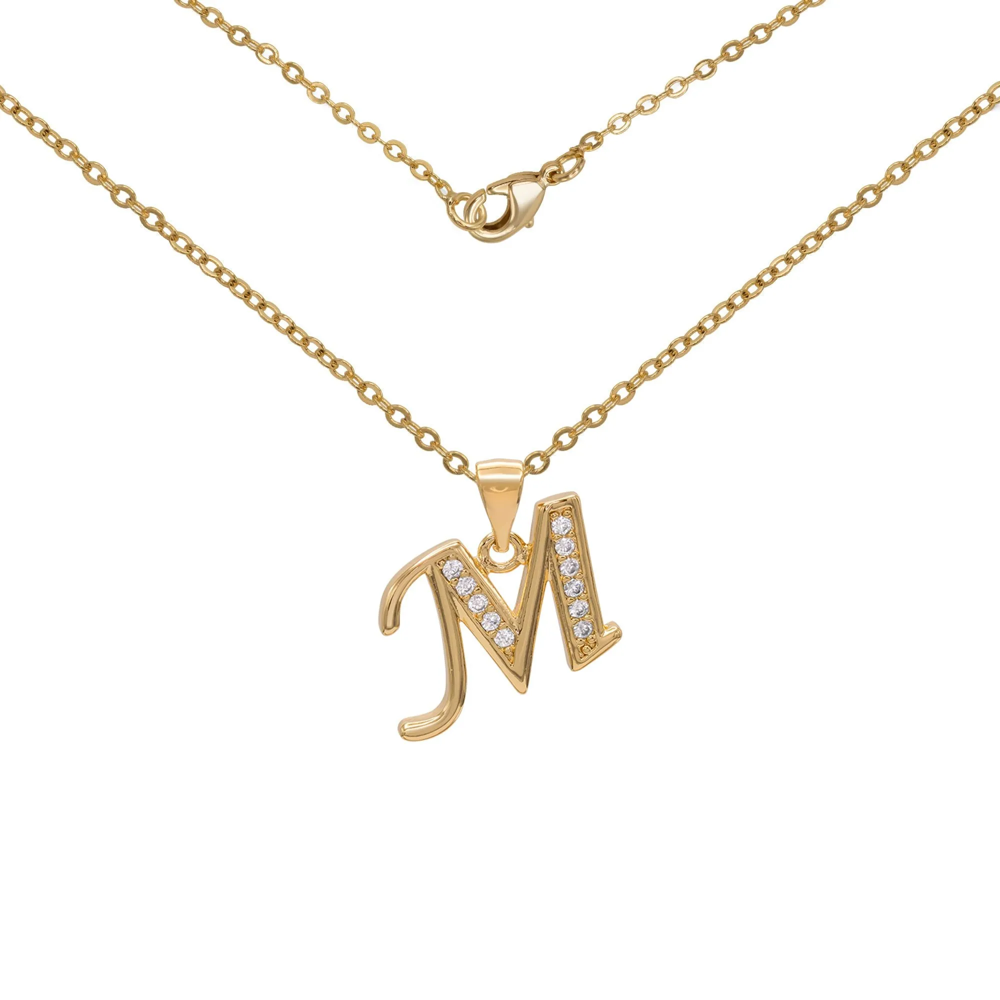 Initial Letter Pendant With Cubic Zirconia 18K Gold Filled Alphabet CZ Charm Rolo Chain Set 18" Necklace Women Girl Teen