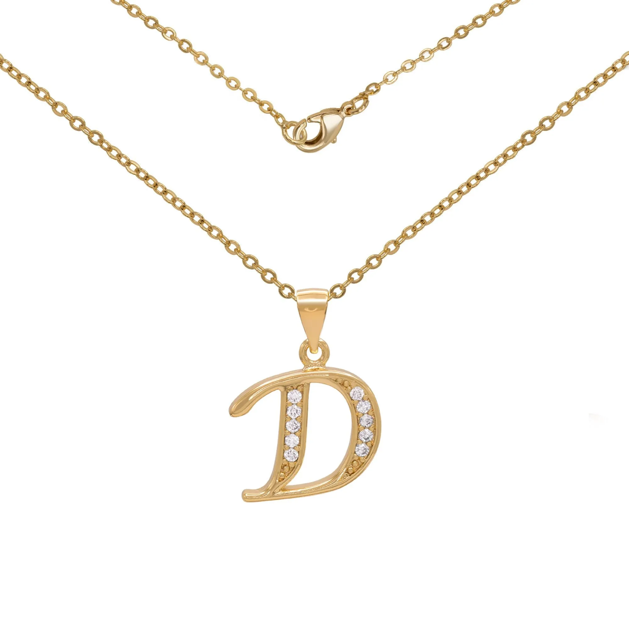 Initial Letter Pendant With Cubic Zirconia 18K Gold Filled Alphabet CZ Charm Rolo Chain Set 18" Necklace Women Girl Teen