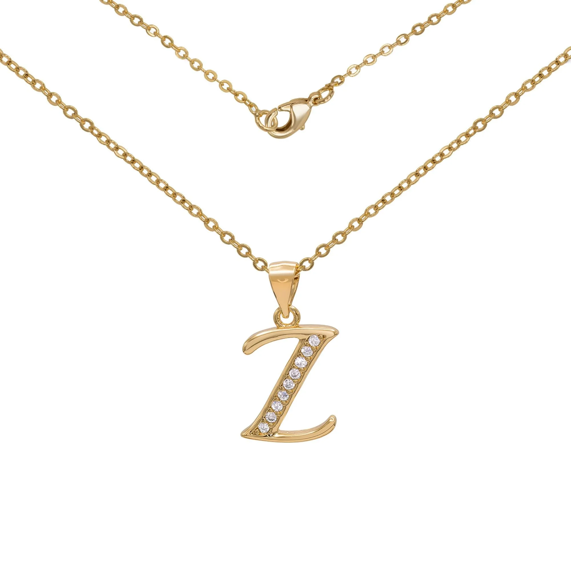 Initial Letter Pendant With Cubic Zirconia 18K Gold Filled Alphabet CZ Charm Rolo Chain Set 18" Necklace Women Girl Teen