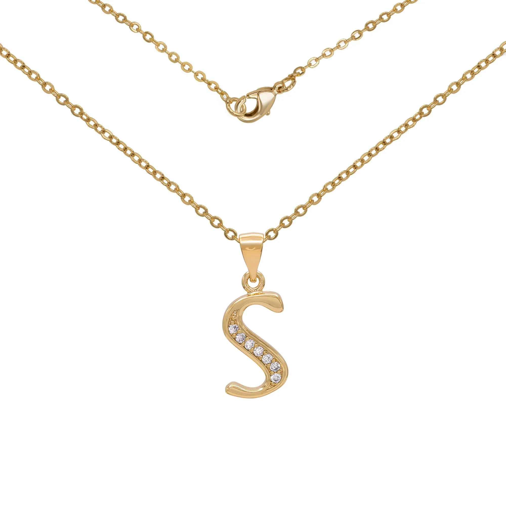 Initial Letter Pendant With Cubic Zirconia 18K Gold Filled Alphabet CZ Charm Rolo Chain Set 18" Necklace Women Girl Teen
