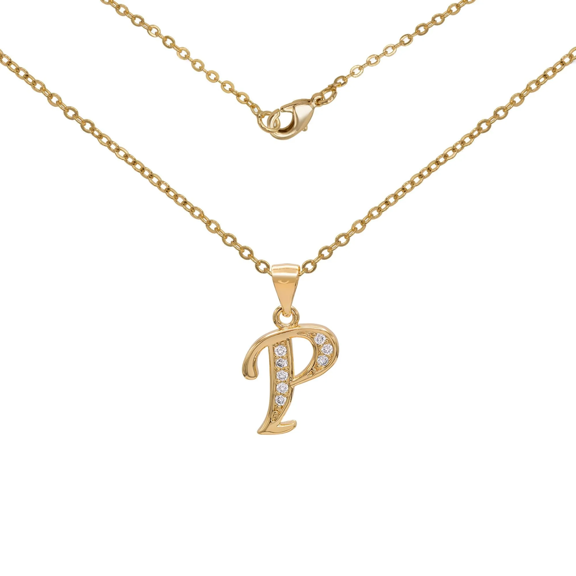 Initial Letter Pendant With Cubic Zirconia 18K Gold Filled Alphabet CZ Charm Rolo Chain Set 18" Necklace Women Girl Teen