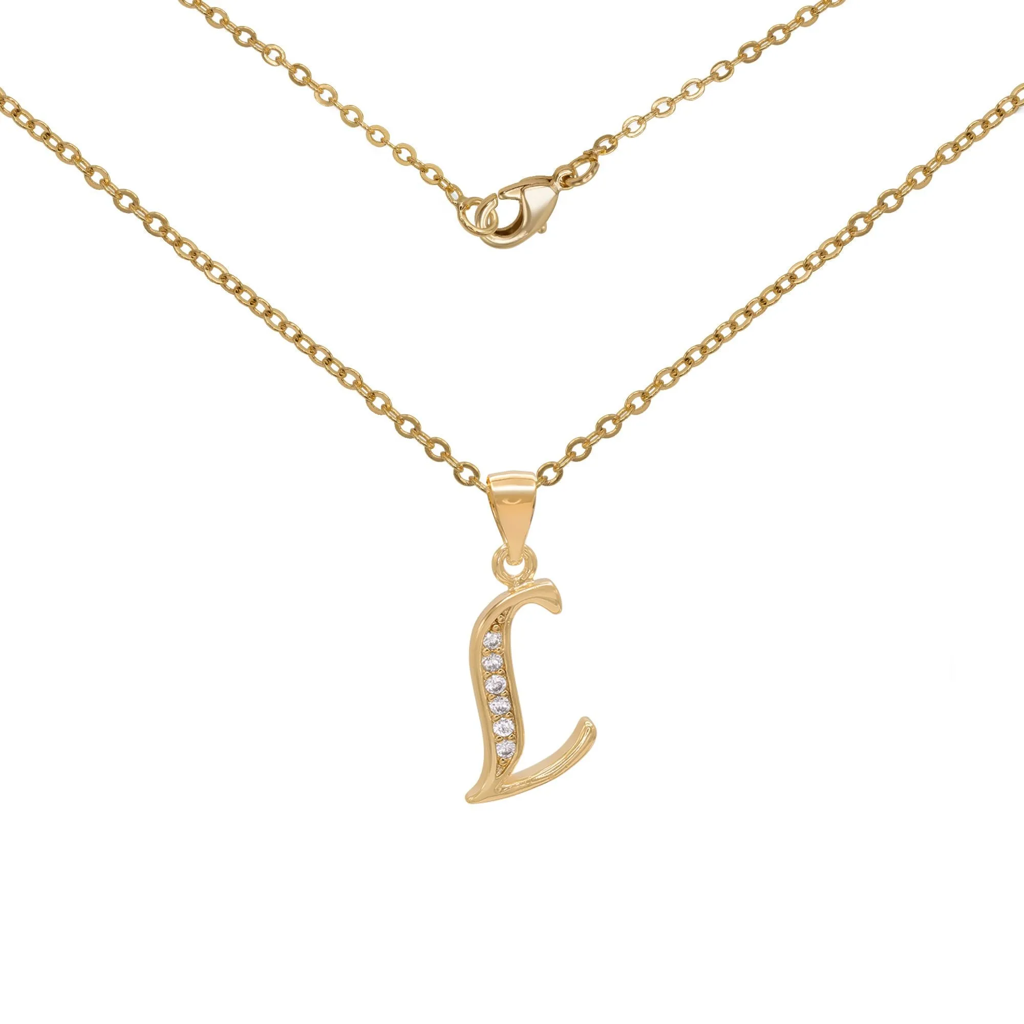 Initial Letter Pendant With Cubic Zirconia 18K Gold Filled Alphabet CZ Charm Rolo Chain Set 18" Necklace Women Girl Teen
