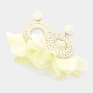 Ivory Fabric and Raffia Round Dangle Pageant Earrings | Fun Fashion Earrings | 616998