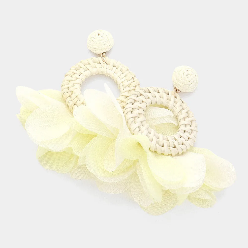 Ivory Fabric and Raffia Round Dangle Pageant Earrings | Fun Fashion Earrings | 616998
